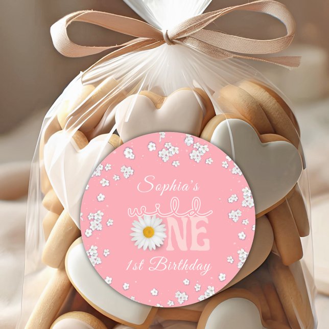 Pink Daisy Wild One 1st Birthday  Classic Round Sticker (Creator Uploaded)