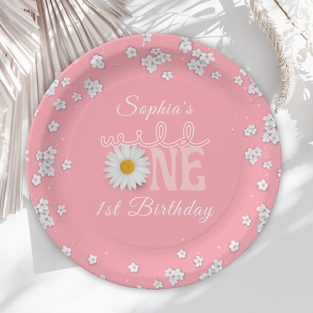 Pink Daisy Wild One 1st Birthday  Paper Plate (Creator Uploaded)