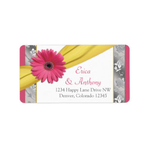 Pink Daisy Yellow Damask Wedding Address Labels