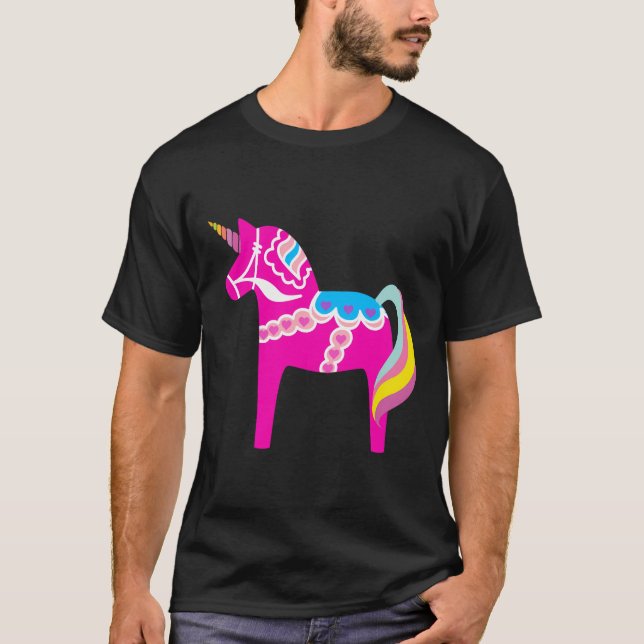 Pink Dala Horse Unicorn Swedish Dalecarlian Horse T-Shirt (Front)