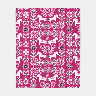 Pink Dala Swedish Horse Print Fleece Blanket