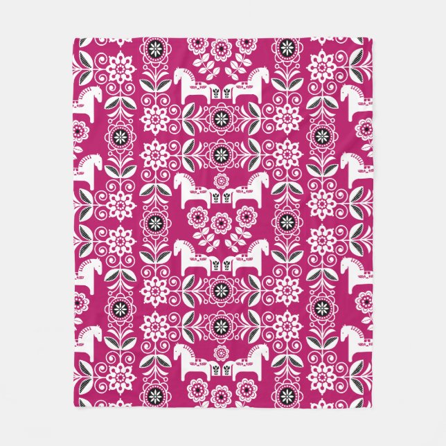 Pink Dala Swedish Horse Print Fleece Blanket (Front)