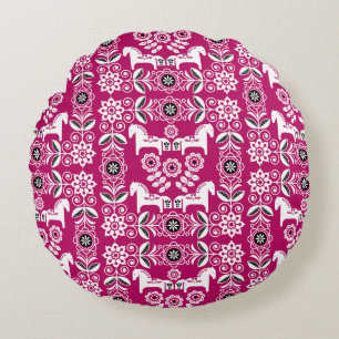 Pink Dala Swedish Horse Print Round Cushion