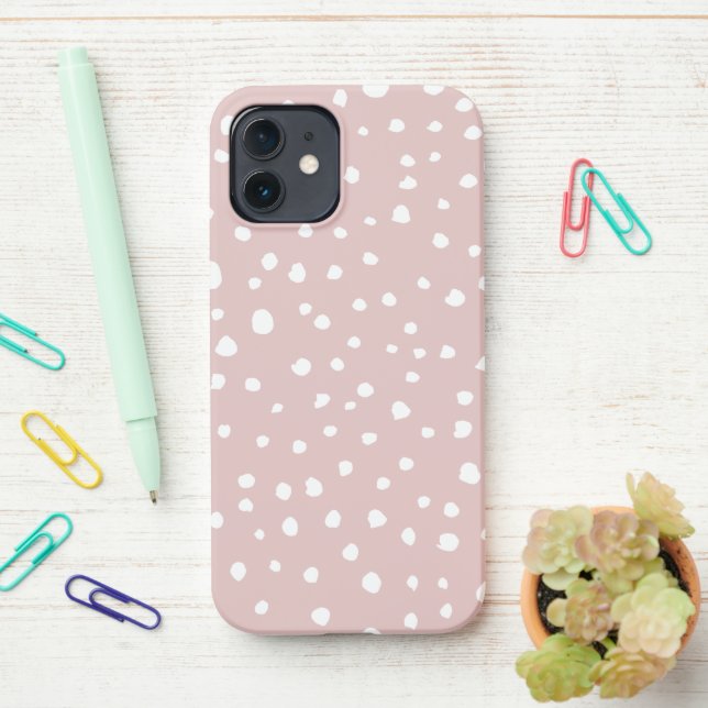 Pink Dalmatian Spots, Dalmatian Dots, Dotted Print iPhone Case (On Desk)