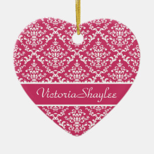 Pink Damask #1 customisable Ceramic Tree Decoration