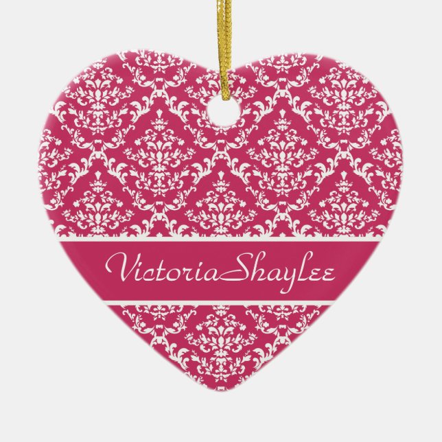 Pink Damask #1 customisable Ceramic Tree Decoration (Front)