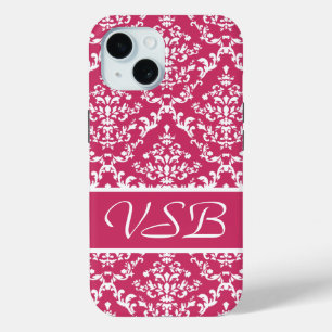 Pink Damask #1 with monogram at VictoriaShaylee iPhone 15 Case