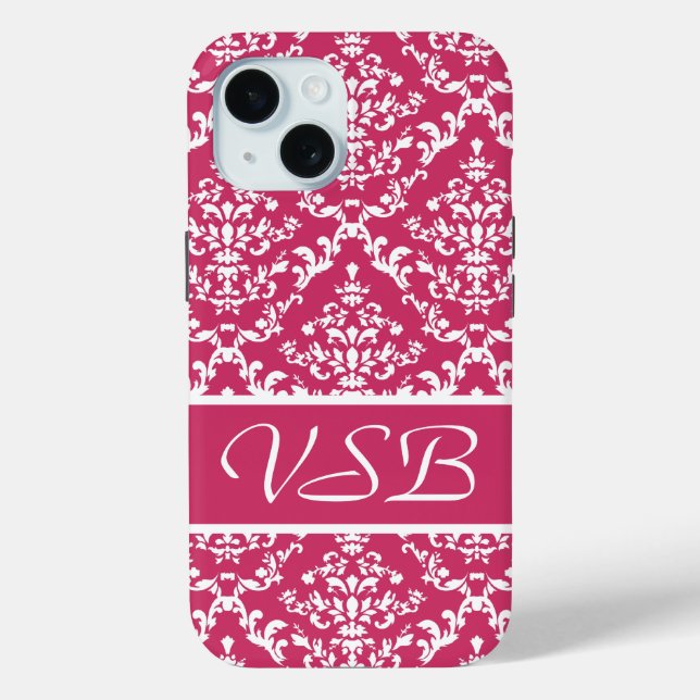 Pink Damask #1 with monogram at VictoriaShaylee Case-Mate iPhone Case (Back)