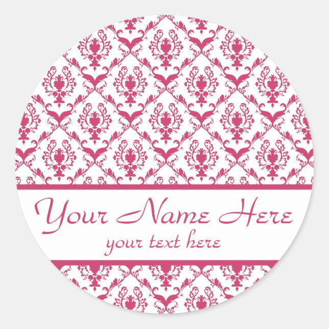 Pink Damask #2 customisable Classic Round Sticker (Front)