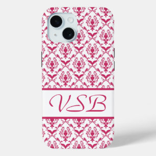 Pink Damask #2 with monogram at VictoriaShaylee iPhone 15 Case