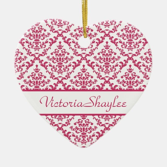 Pink Damask #4 customisable Ceramic Tree Decoration (Front)