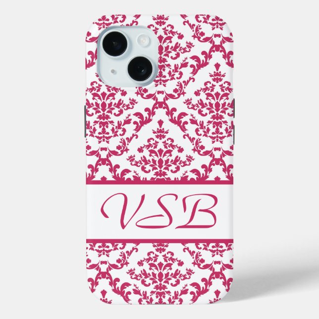 Pink Damask #4 with monogram at VictoriaShaylee Case-Mate iPhone Case (Back)