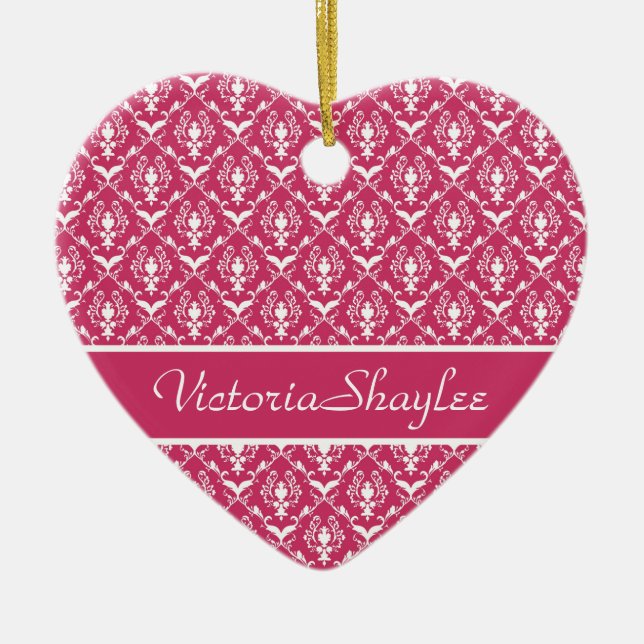 Pink Damask #5 customisable Ceramic Tree Decoration (Front)