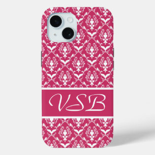Pink Damask #5 with monogram at VictoriaShaylee iPhone 15 Case