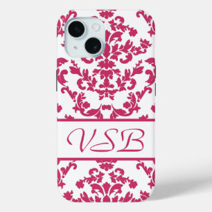 Pink Damask #6 with monogram at VictoriaShaylee iPhone 15 Case