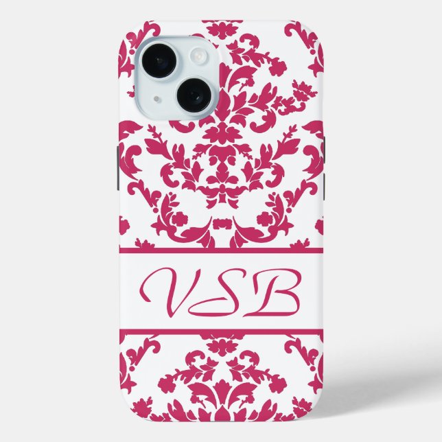 Pink Damask #6 with monogram at VictoriaShaylee Case-Mate iPhone Case (Back)