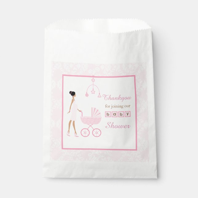 Pink Damask African American Woman Baby Shower Favour Bags (Front)