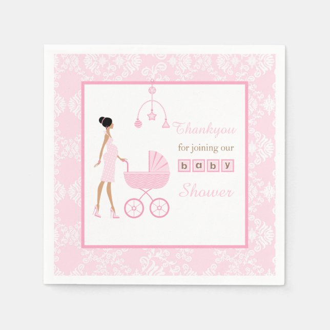Pink Damask African American Woman Baby Shower Napkin (Front)