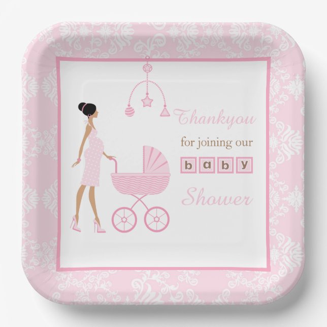 Pink Damask African American Woman Baby Shower Paper Plate (Front)