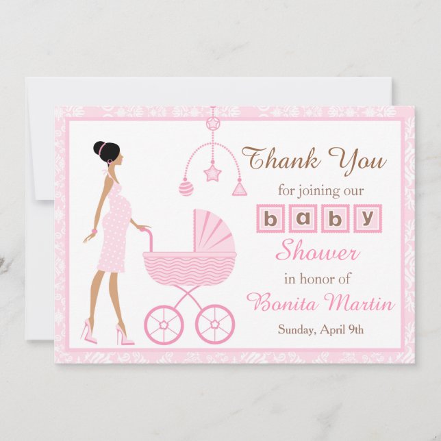 Pink Damask African American Woman Baby Shower Thank You Card (Front)