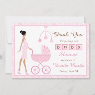 Pink Damask African American Woman Baby Shower Thank You Card