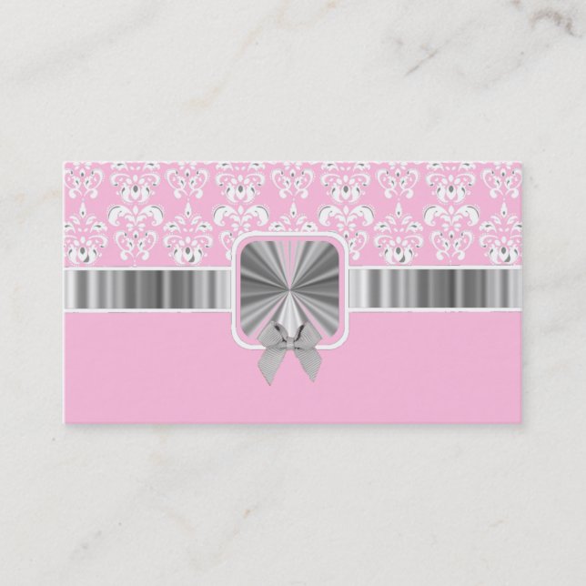 Pink damask and bow business card (Front)