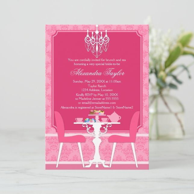 Pink Damask and Chandelier Bridal Tea Party Invitation (Standing Front)