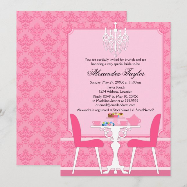 Pink Damask and Chandelier Bridal Tea Party Invitation (Front/Back)