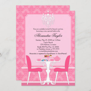 Pink Damask and Chandelier Bridal Tea Party Invitation