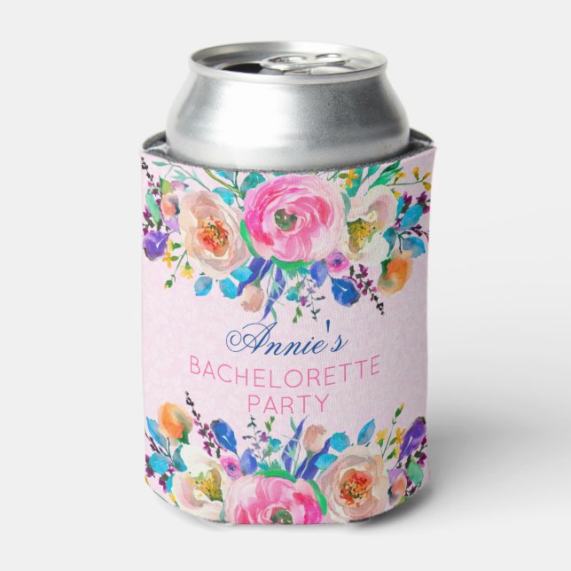 Pink Damask And Colourful Bouquet- Bachelorette Can Cooler (Can Front)