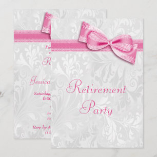Pink Damask and Faux Bow Retirement Invitation