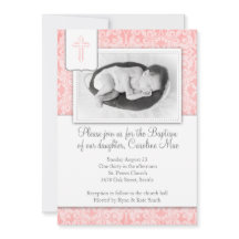 Pink Damask Baby Girl Baptism Invitation