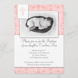 Pink Damask Baby Girl Baptism Invitation
