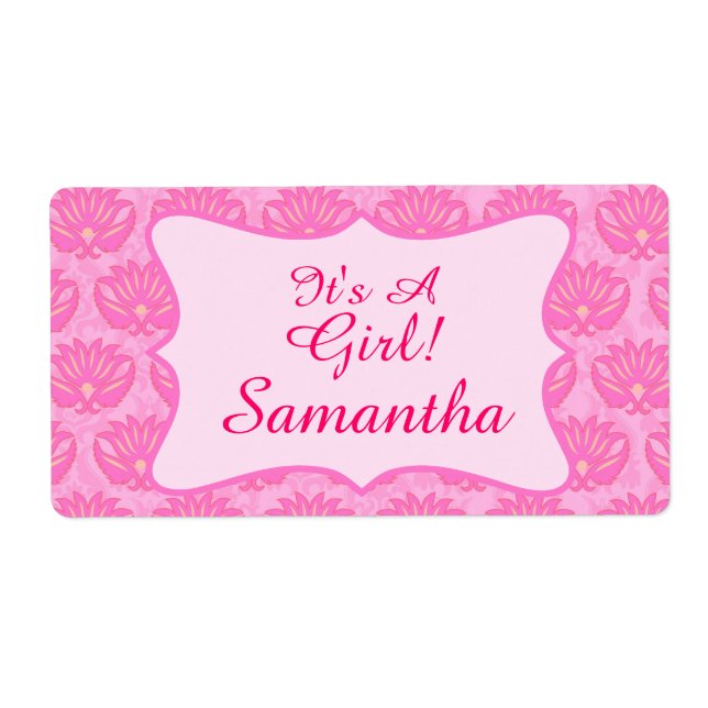 Pink Damask Baby Girl Name Personalised Birth (Front)