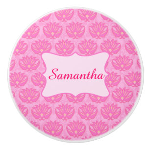 Pink Damask Baby Girl Name Personalised Birth Ceramic Knob
