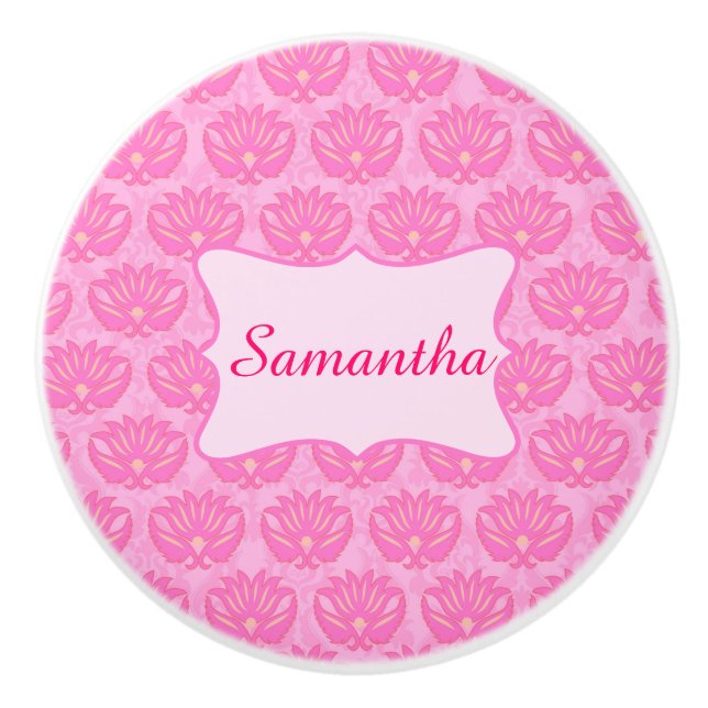 Pink Damask Baby Girl Name Personalised Birth Ceramic Knob (Front)
