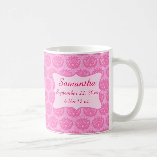 Pink Damask Baby Girl Name Personalised Birth Coffee Mug (Right)