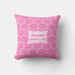 Pink Damask Baby Girl Name Personalised Birth Cushion