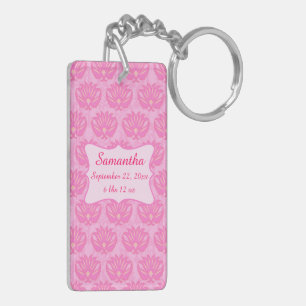 Pink Damask Baby Girl Name Personalised Birth Key Ring