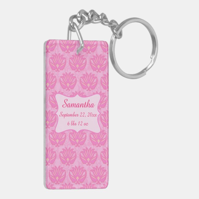 Pink Damask Baby Girl Name Personalised Birth Key Ring (Back Left)