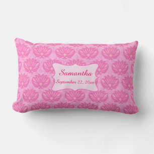 Pink Damask Baby Girl Name Personalised Birth Lumbar Cushion