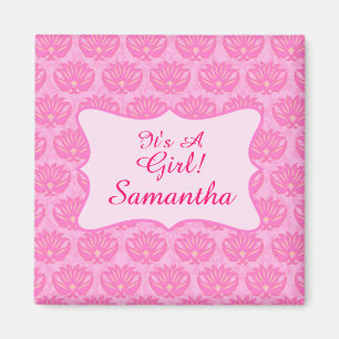 Pink Damask Baby Girl Name Personalised Birth Magnet