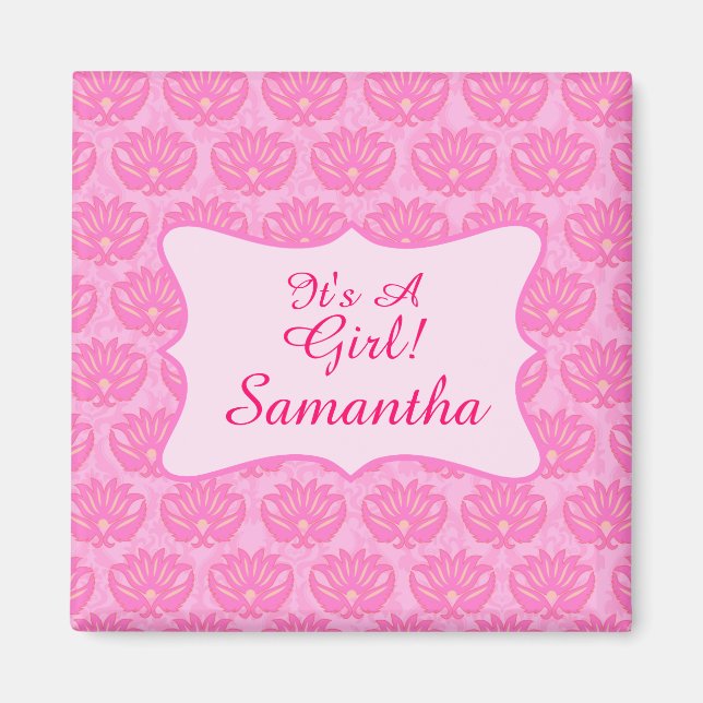 Pink Damask Baby Girl Name Personalised Birth Magnet (Front)