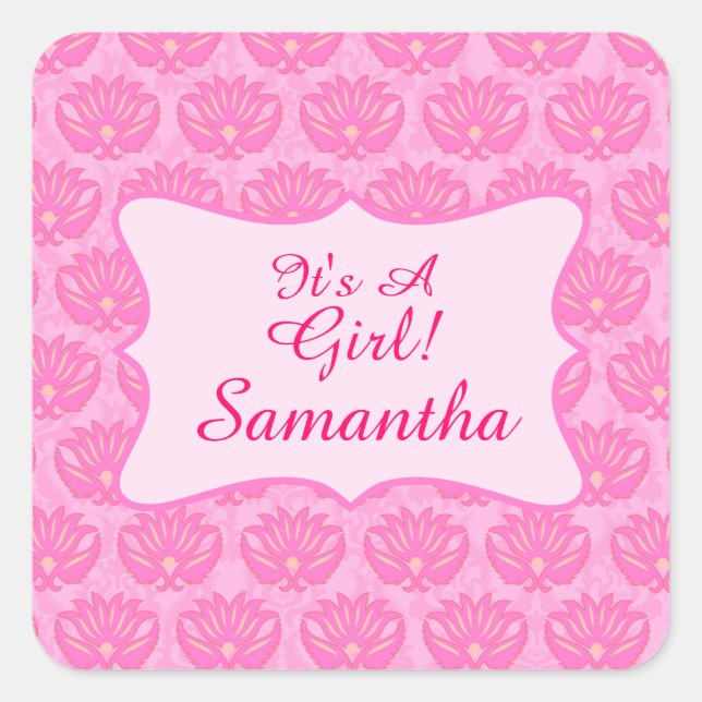 Pink Damask Baby Girl Name Personalised Birth Square Sticker (Front)