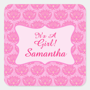 Pink Damask Baby Girl Name Personalised Birth Square Sticker