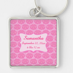 Pink Damask Baby Girl Name Personalized Birth Key Ring