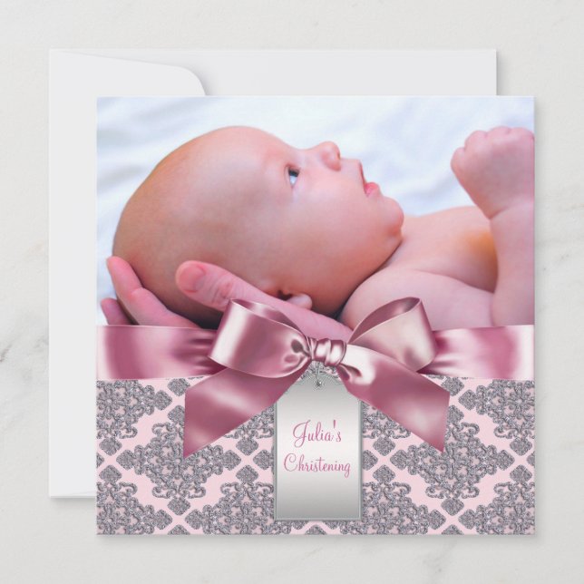 Pink Damask Baby Girl Photo Christening Invitation (Front)