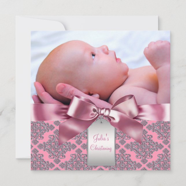 Pink Damask Baby Girl Photo Christening Invitation (Front)