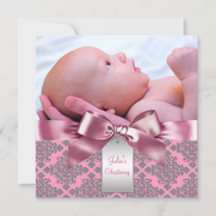 Pink Damask Baby Girl Photo Christening Invitation