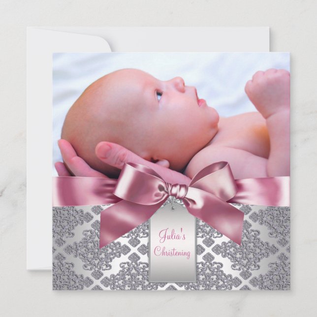 Pink Damask Baby Girl Photo Christening Invitation (Front)